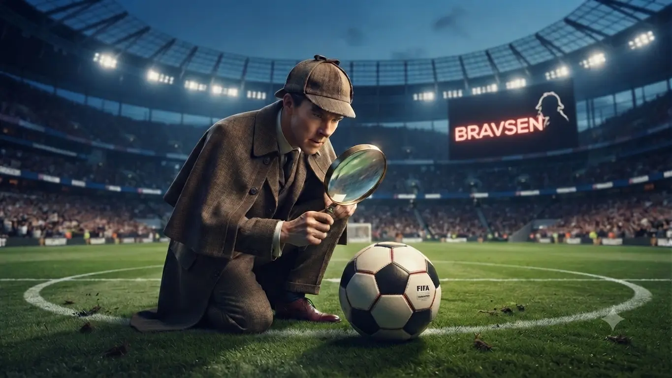 A detective with a magnifying glass examines a football on a stadium scoreboard reading BRAVSEN — the visual metaphor behind Bravsen Intelligence's xG investigations